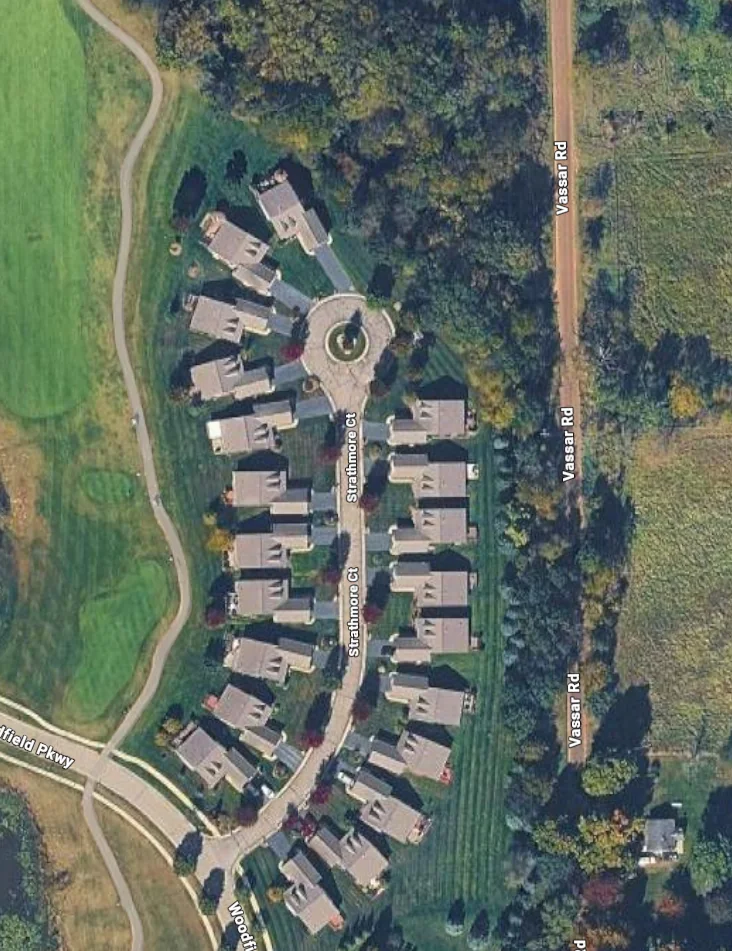 Aerial view of the Woodfield Ridge community along Strathmore Ct in Grand Blanc, Michigan